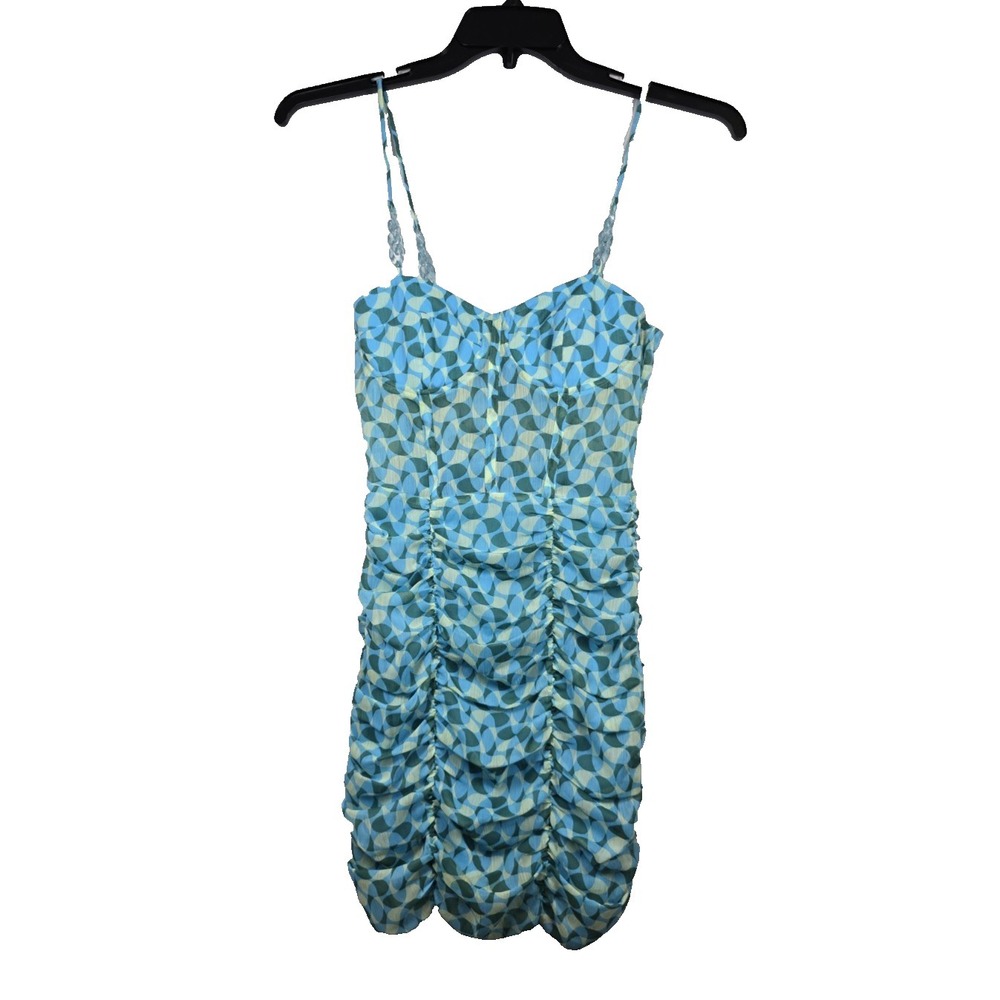 Zara XS Ruched Bubble Hem Mini Dress Blue Green Geometric Spaghetti Chain Straps